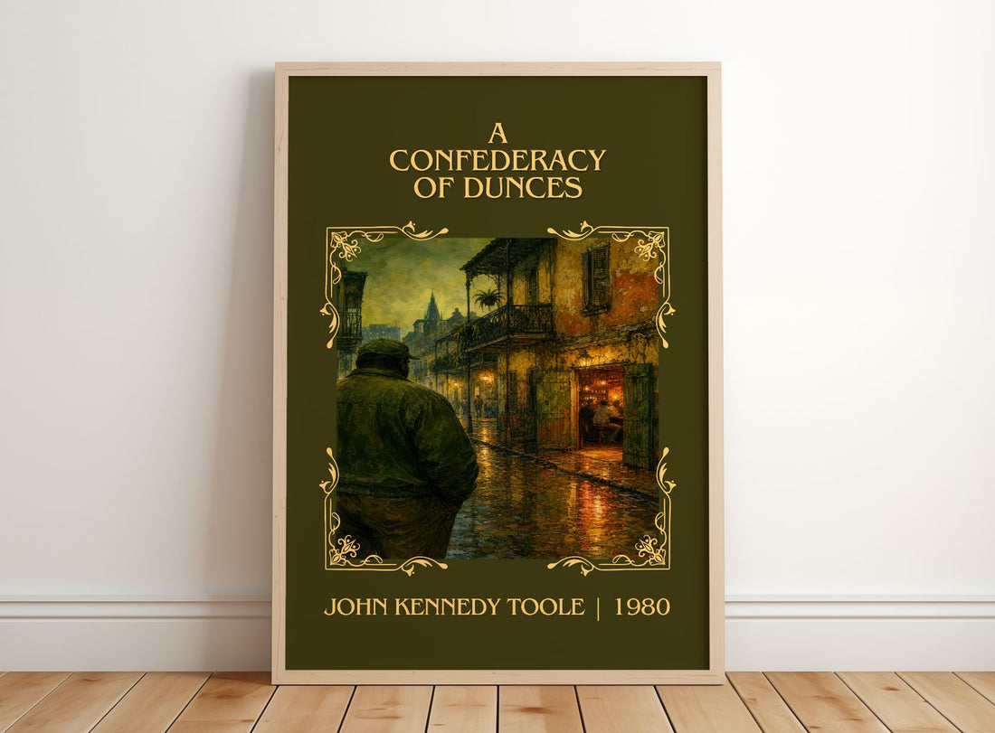 A Confederacy of Dunces Classic Book Art Print by John Kennedy Toole – framed print leaning on a wooden floor