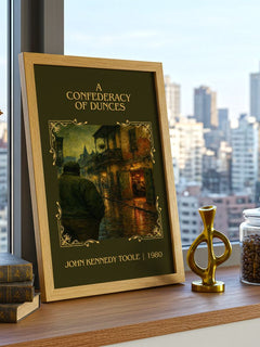 A Confederacy of Dunces Classic Book Art Print by John Kennedy Toole – framed print on a city-view windowsill