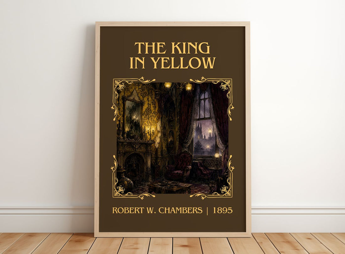 The King In Yellow Classic Book Art Print by Robert W. Chambers – framed print leaning on a wooden floor
