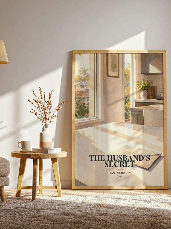 The Husband'S Secret watercolour print in frame leaning in hallway – contemporary fiction wall art