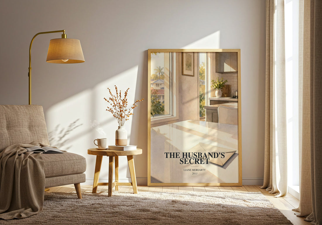 The Husband'S Secret watercolour print in frame leaning in hallway – contemporary fiction wall art (mockup)