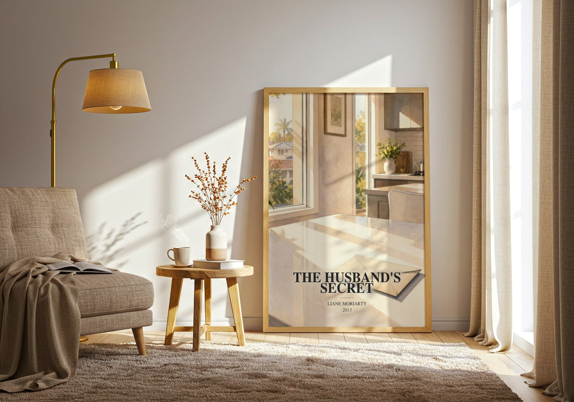 The Husband'S Secret watercolour print in frame leaning in hallway – contemporary fiction wall art