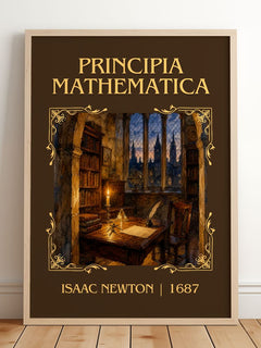 Principia Mathematica Classic Book Art Print by Isaac Newton – framed print leaning on a wooden floor