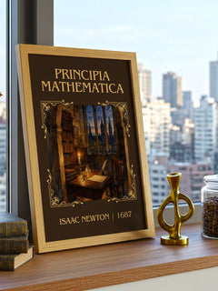 Principia Mathematica Classic Book Art Print by Isaac Newton – framed print on a city-view windowsill