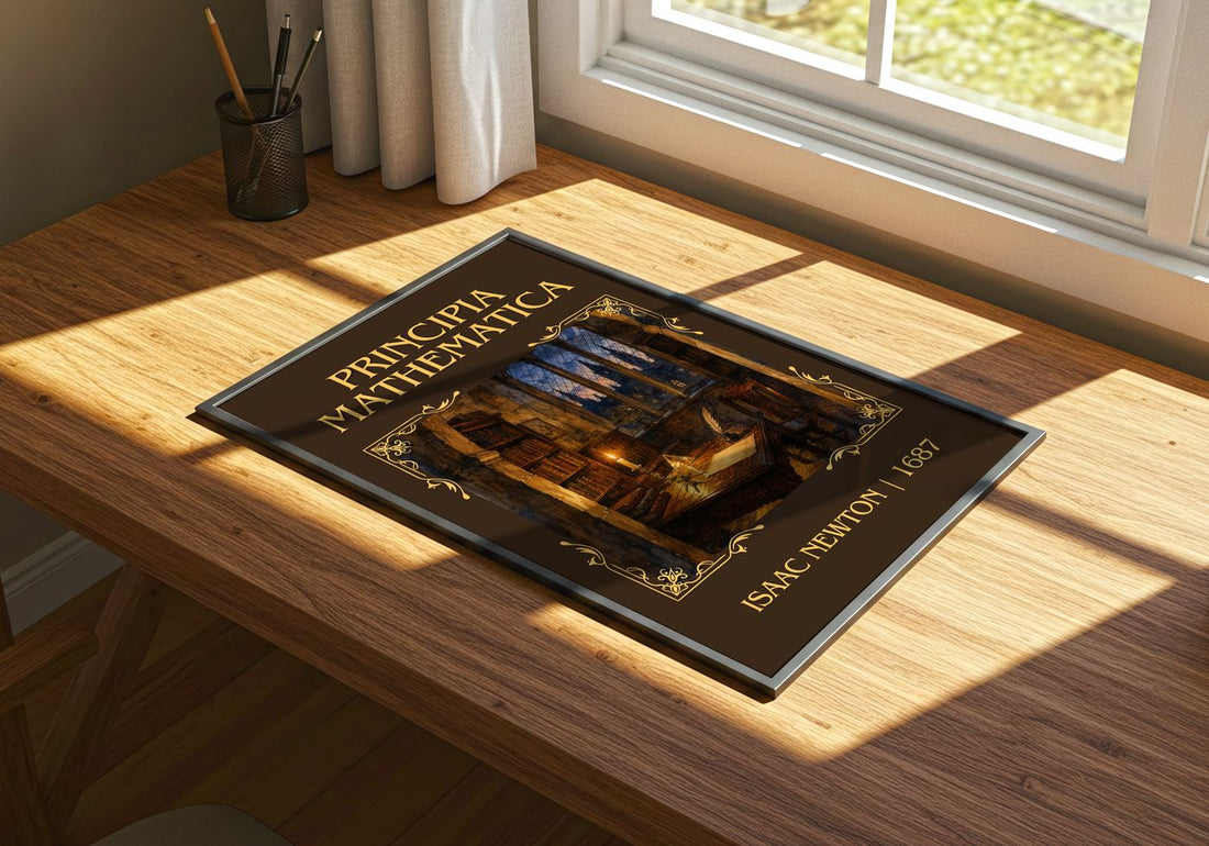 Principia Mathematica Classic Book Art Print by Isaac Newton – print on a sunlit desk