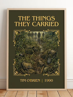 The Things They Carried Classic Book Art Print by Tim O'Brien – framed print leaning on a wooden floor