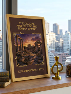 The Decline and Fall of the Roman Empire Classic Book Art Print by Edward Gibbon – framed print on a city-view windowsill