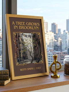 A Tree Grows in Brooklyn Classic Book Art Print by Betty Smith – framed print on a city-view windowsill