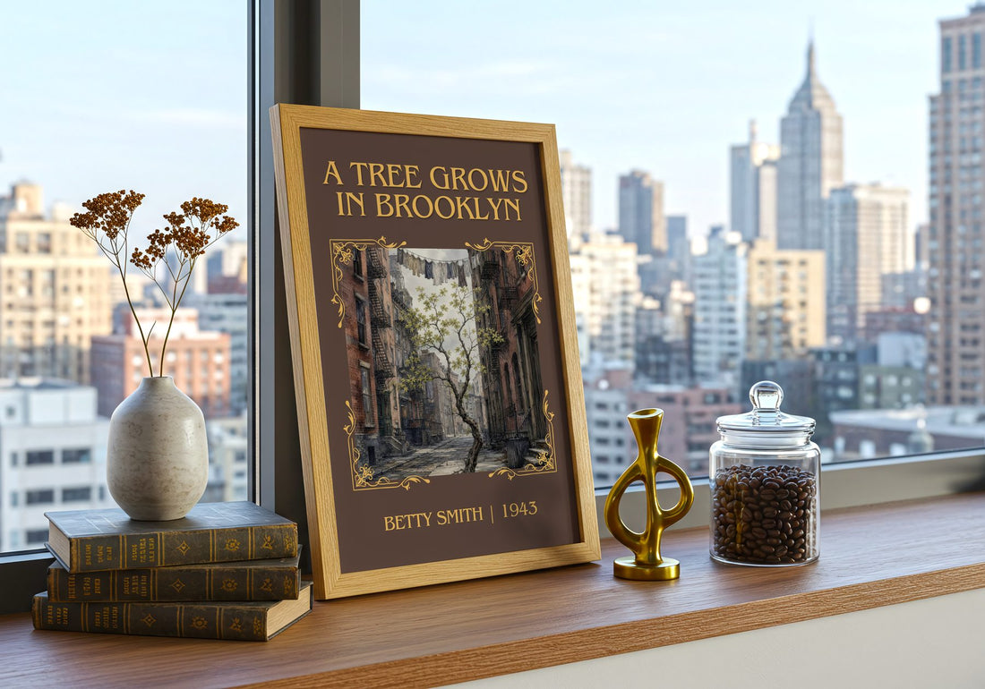 A Tree Grows in Brooklyn Classic Book Art Print by Betty Smith – framed print on a city-view windowsill