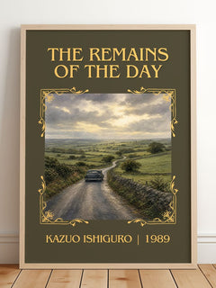 The Remains of the Day Classic Book Art Print by Kazuo Ishiguro – framed print leaning on a wooden floor