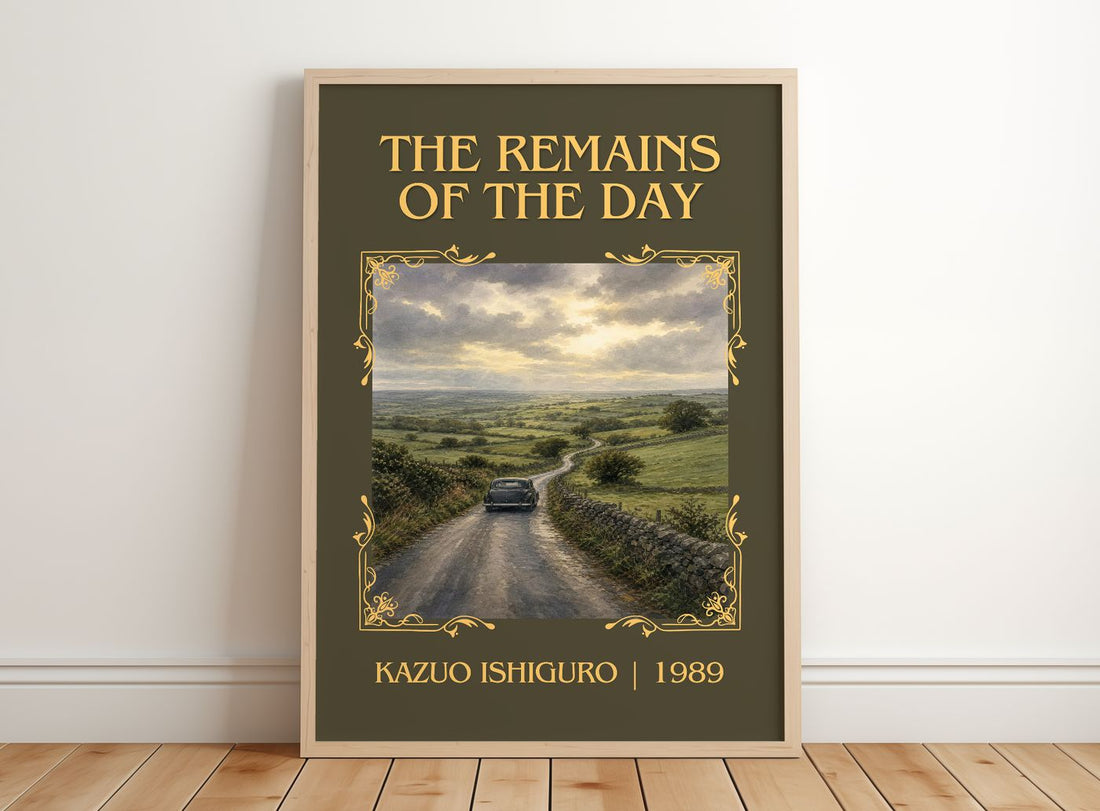 The Remains of the Day Classic Book Art Print by Kazuo Ishiguro – framed print leaning on a wooden floor