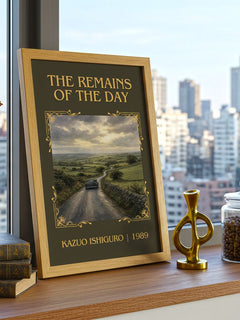 The Remains of the Day Classic Book Art Print by Kazuo Ishiguro – framed print on a city-view windowsill