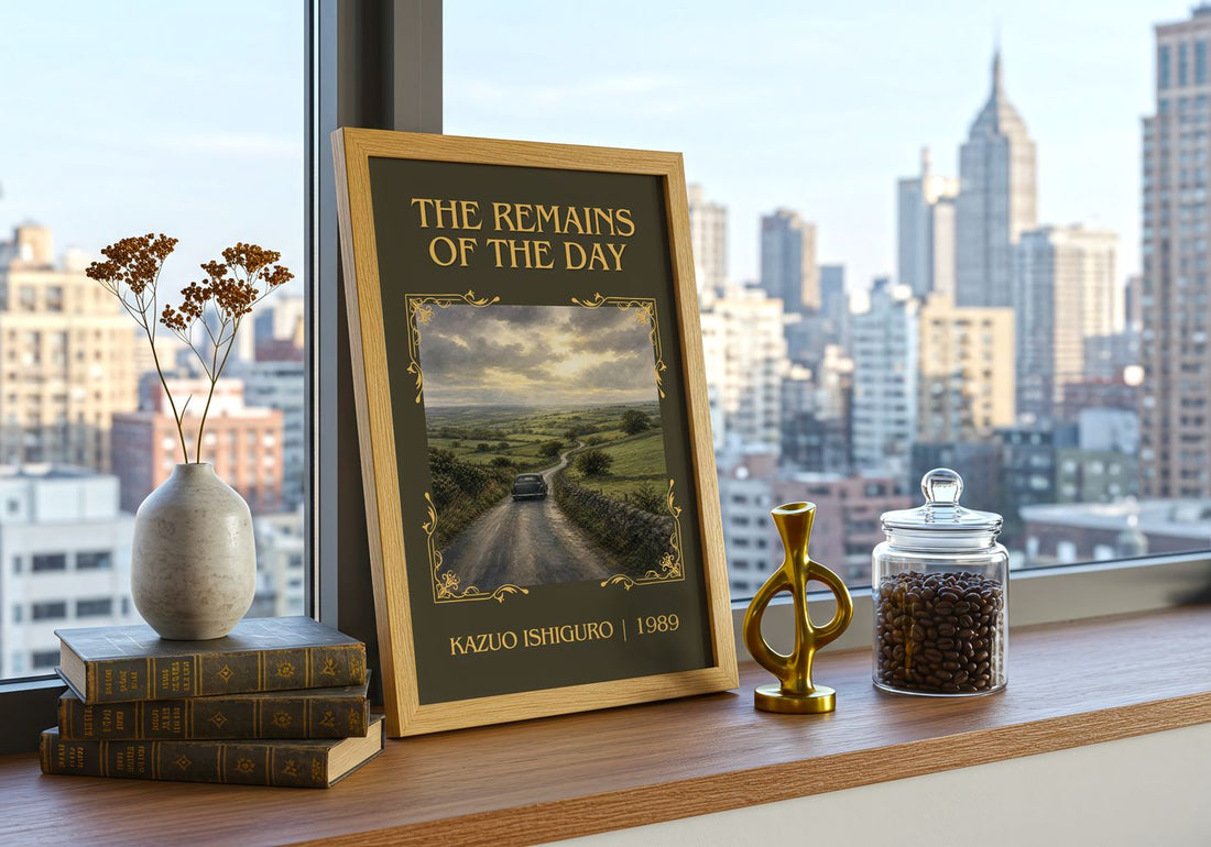 The Remains of the Day Classic Book Art Print by Kazuo Ishiguro – framed print on a city-view windowsill