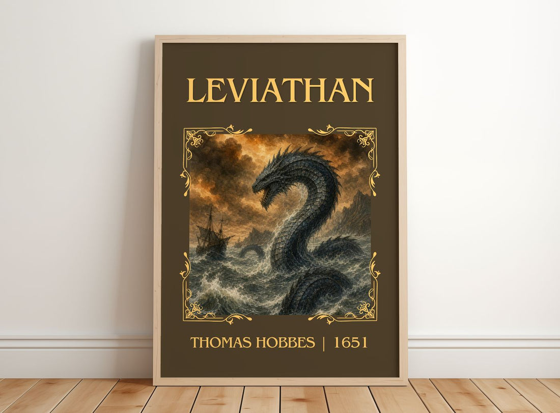 Leviathan Classic Book Art Print by Thomas Hobbes – framed print leaning on a wooden floor