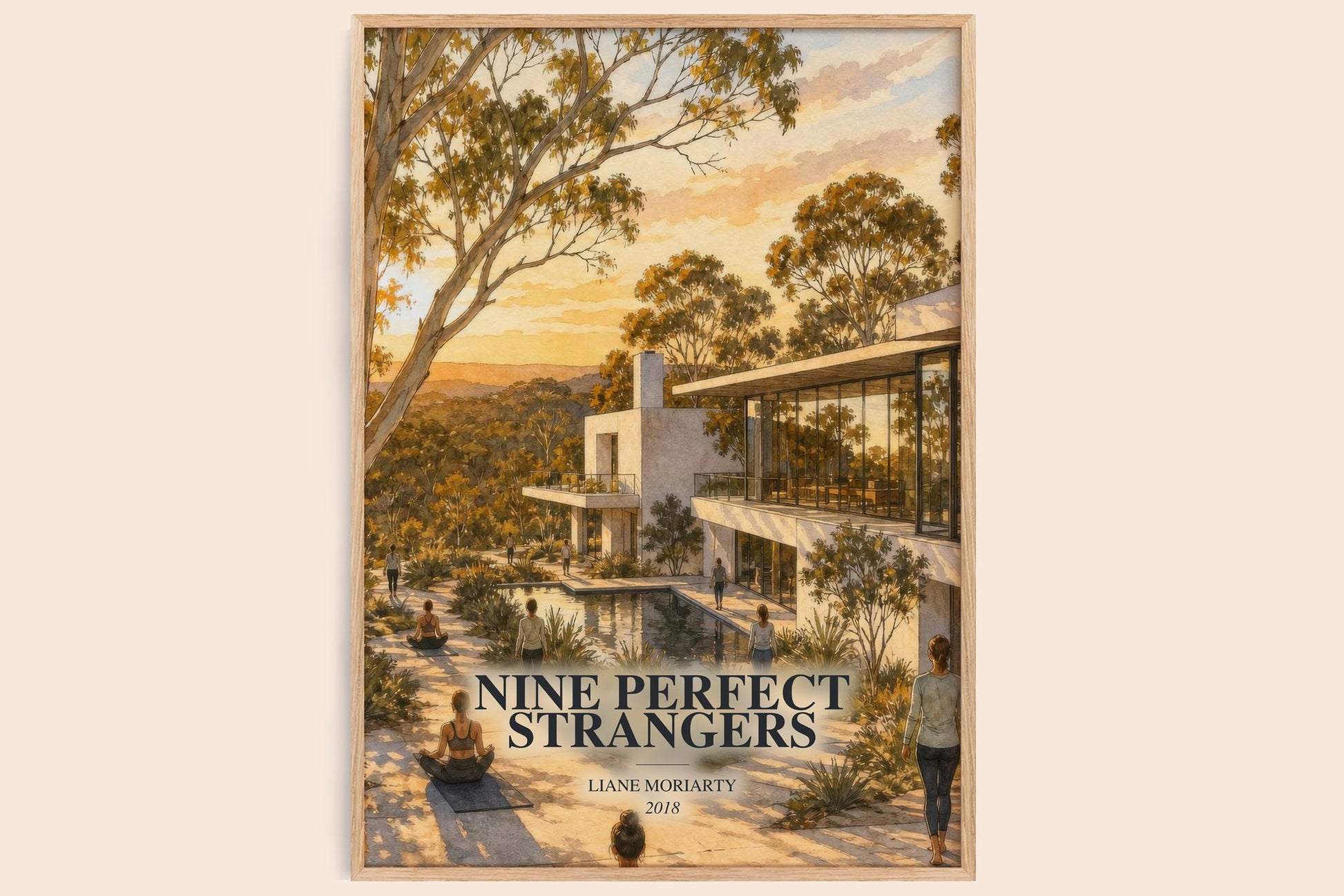 Nine Perfect Strangers watercolour book poster by Liane Moriarty – framed literary art print