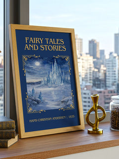 Fairy Tales and Stories Classic Book Art Print by H. Andersen – framed print on a city-view windowsill