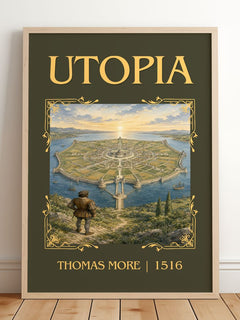 Utopia Classic Book Art Print by Thomas More – framed print leaning on a wooden floor