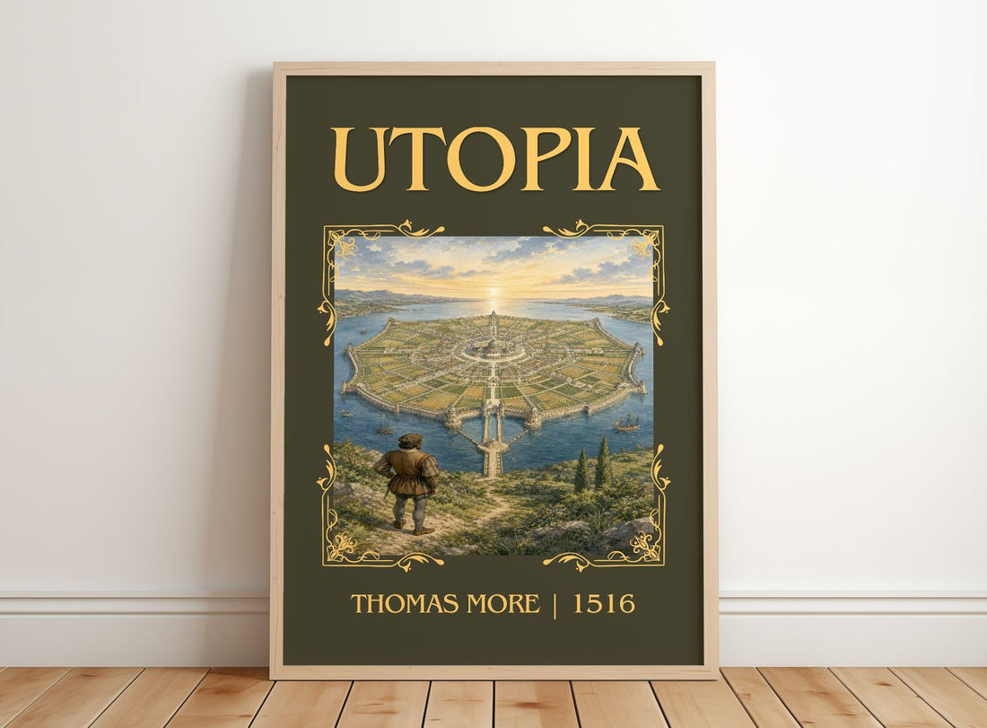 Utopia Classic Book Art Print by Thomas More – framed print leaning on a wooden floor