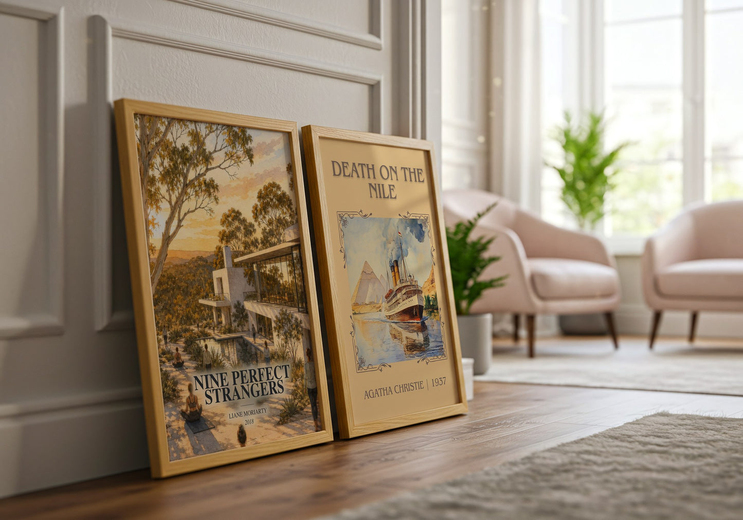 Nine Perfect Strangers watercolour print framed by window – literary home decor