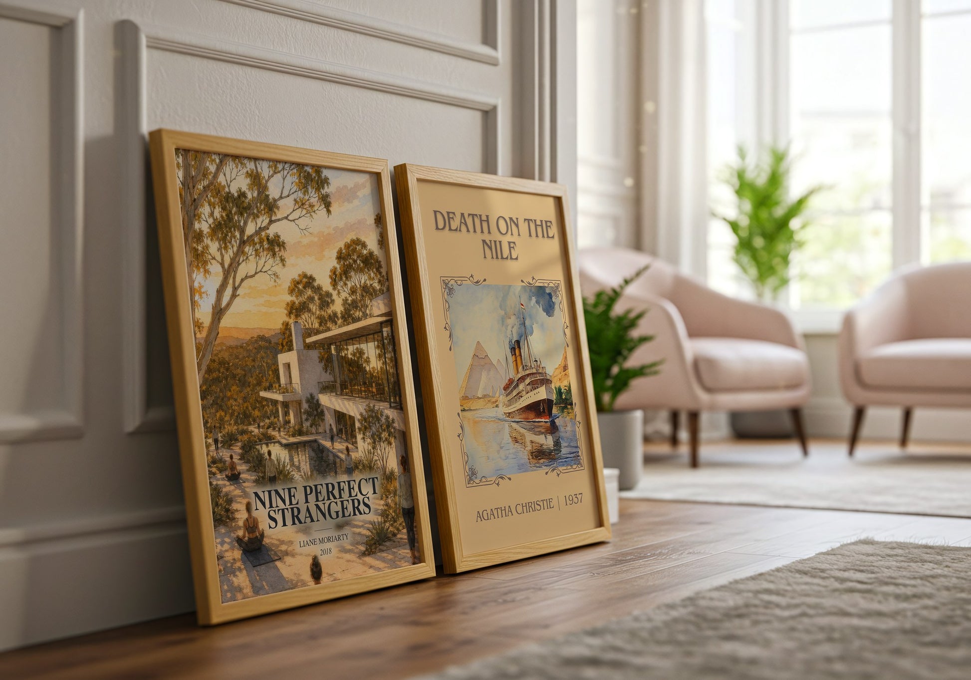 Nine Perfect Strangers watercolour print framed by window – literary home decor