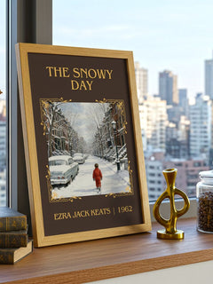 The Snowy Day Classic Book Art Print by Ezra Jack Keats – framed print on a city-view windowsill