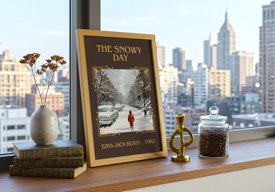 The Snowy Day Classic Book Art Print by Ezra Jack Keats – framed print on a city-view windowsill