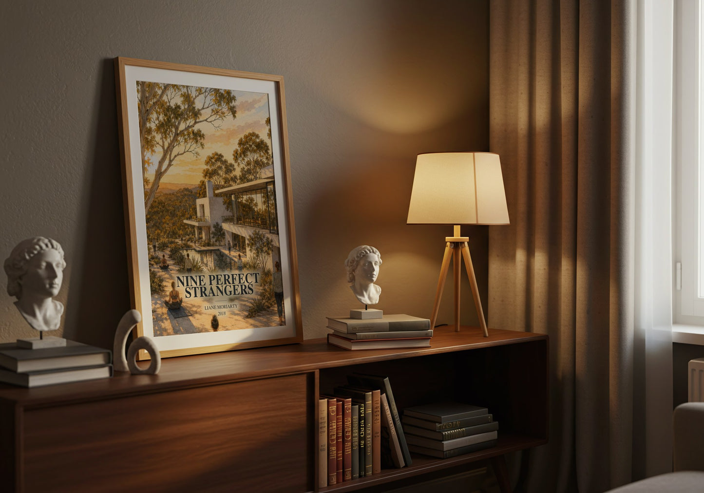 Nine Perfect Strangers watercolour print on bookshelf – Liane Moriarty fan gift