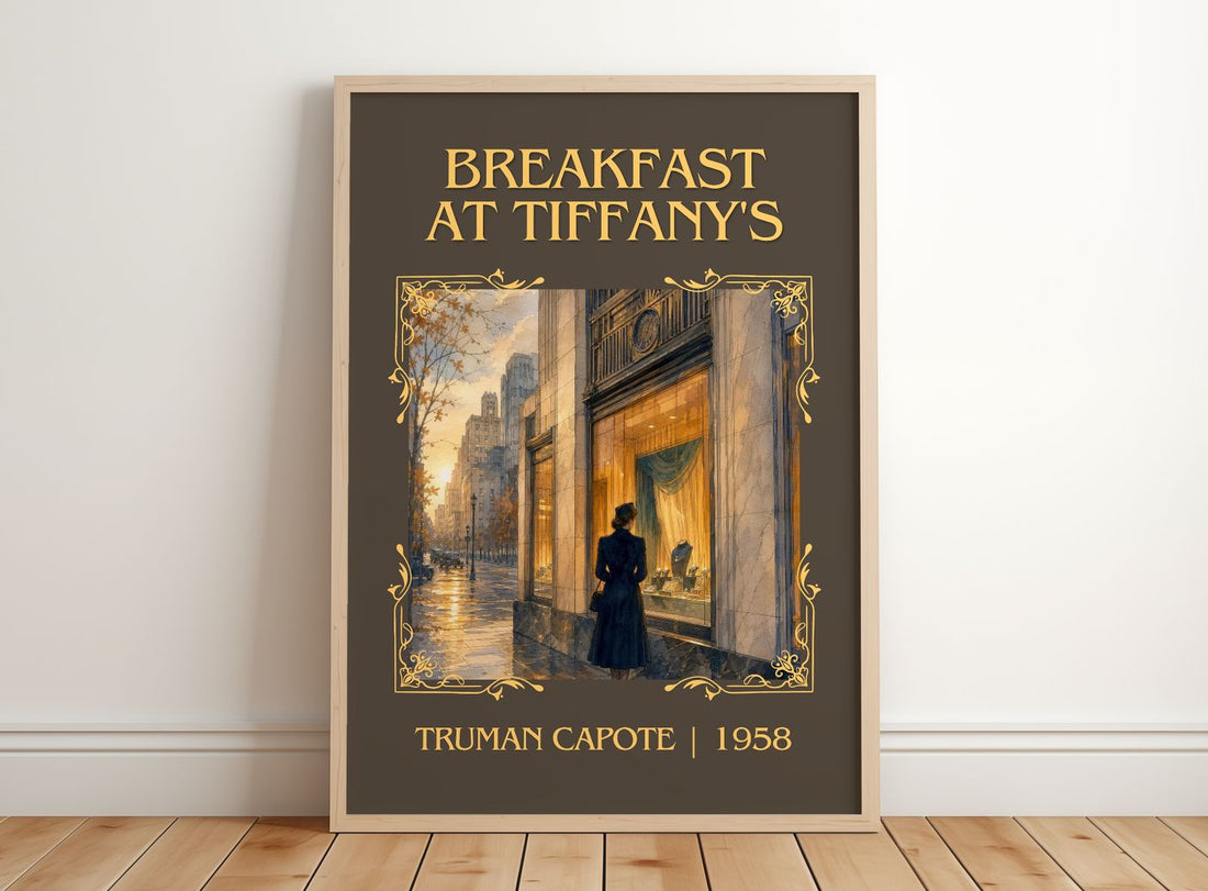 Breakfast at Tiffany's Classic Book Art Print by Truman Capote – framed print leaning on a wooden floor