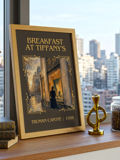 Breakfast at Tiffany's Classic Book Art Print by Truman Capote – framed print on a city-view windowsill