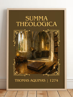 Summa Theologica Classic Book Art Print by Thomas Aquinas – framed print leaning on a wooden floor