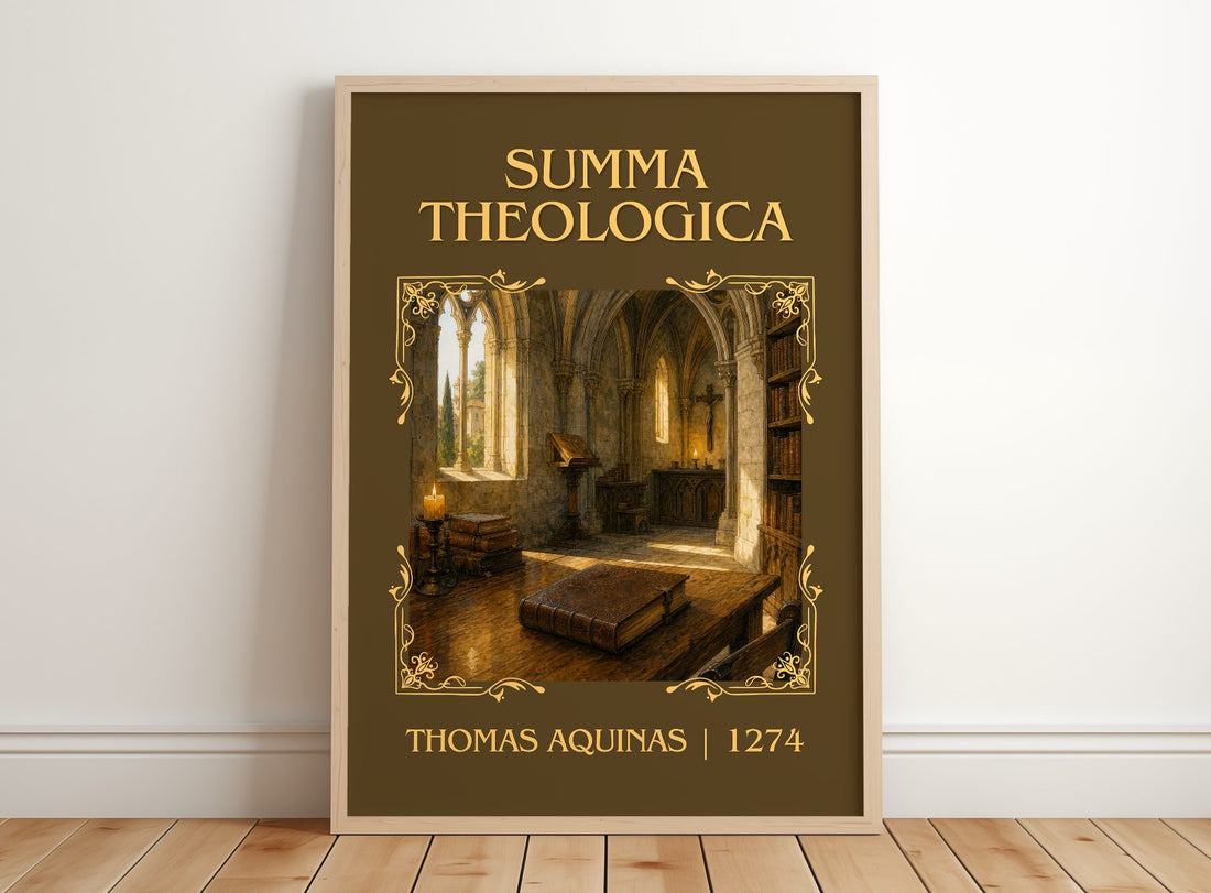 Summa Theologica Classic Book Art Print by Thomas Aquinas – framed print leaning on a wooden floor