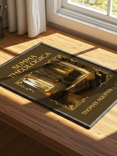 Summa Theologica Classic Book Art Print by Thomas Aquinas – print on a sunlit desk