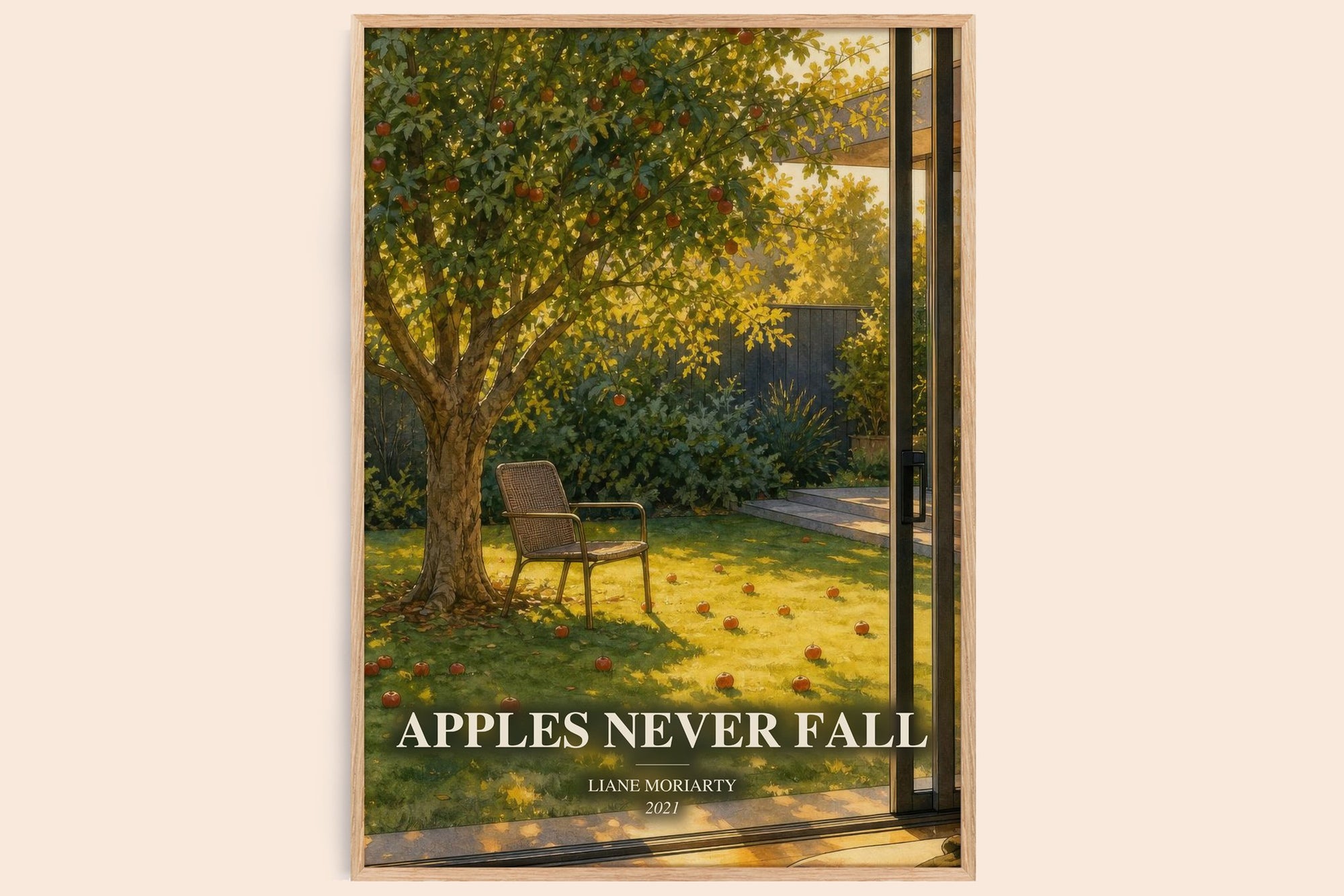 Apples Never Fall watercolour book poster by Liane Moriarty – framed literary art print