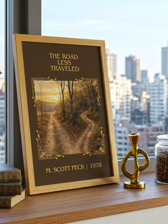 The Road Less Traveled Classic Book Art Print by M. Scott Peck – framed print on a city-view windowsill
