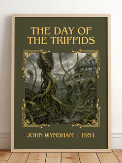 The Day of the Triffids Classic Book Art Print by John Wyndham – framed print leaning on a wooden floor