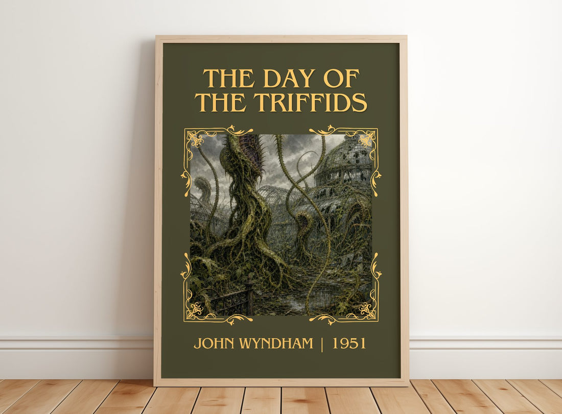 The Day of the Triffids Classic Book Art Print by John Wyndham – framed print leaning on a wooden floor