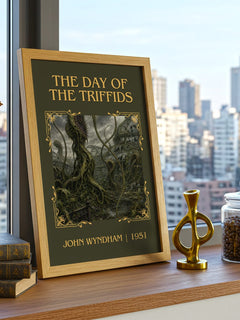 The Day of the Triffids Classic Book Art Print by John Wyndham – framed print on a city-view windowsill