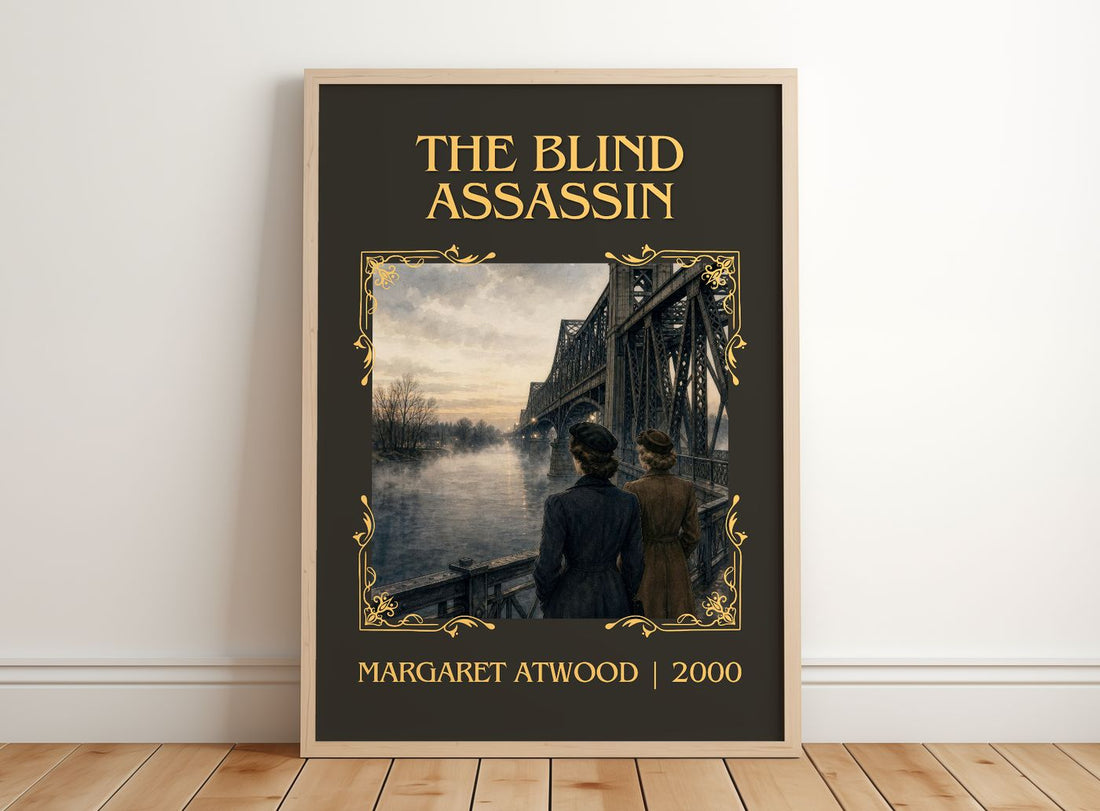 The Blind Assassin Classic Book Art Print by Margaret Atwood – framed print leaning on a wooden floor