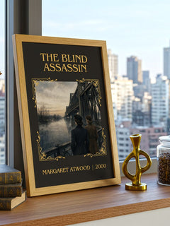 The Blind Assassin Classic Book Art Print by Margaret Atwood – framed print on a city-view windowsill