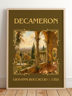 Decameron Classic Book Art Print by Giovanni Boccaccio – framed print leaning on a wooden floor