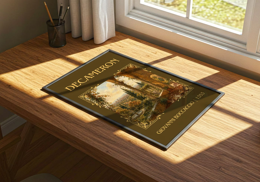 Decameron Classic Book Art Print by Giovanni Boccaccio – print on a sunlit desk