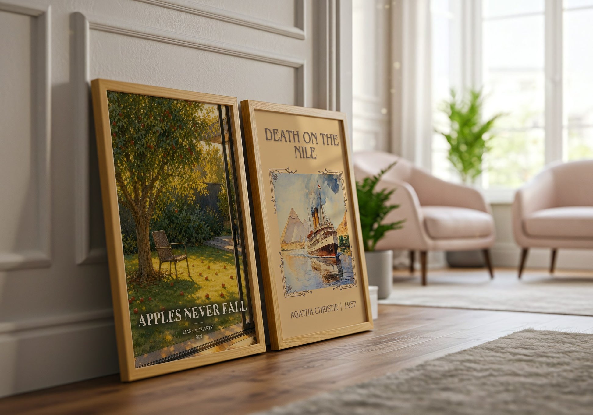 Apples Never Fall watercolour print framed by window – literary home decor