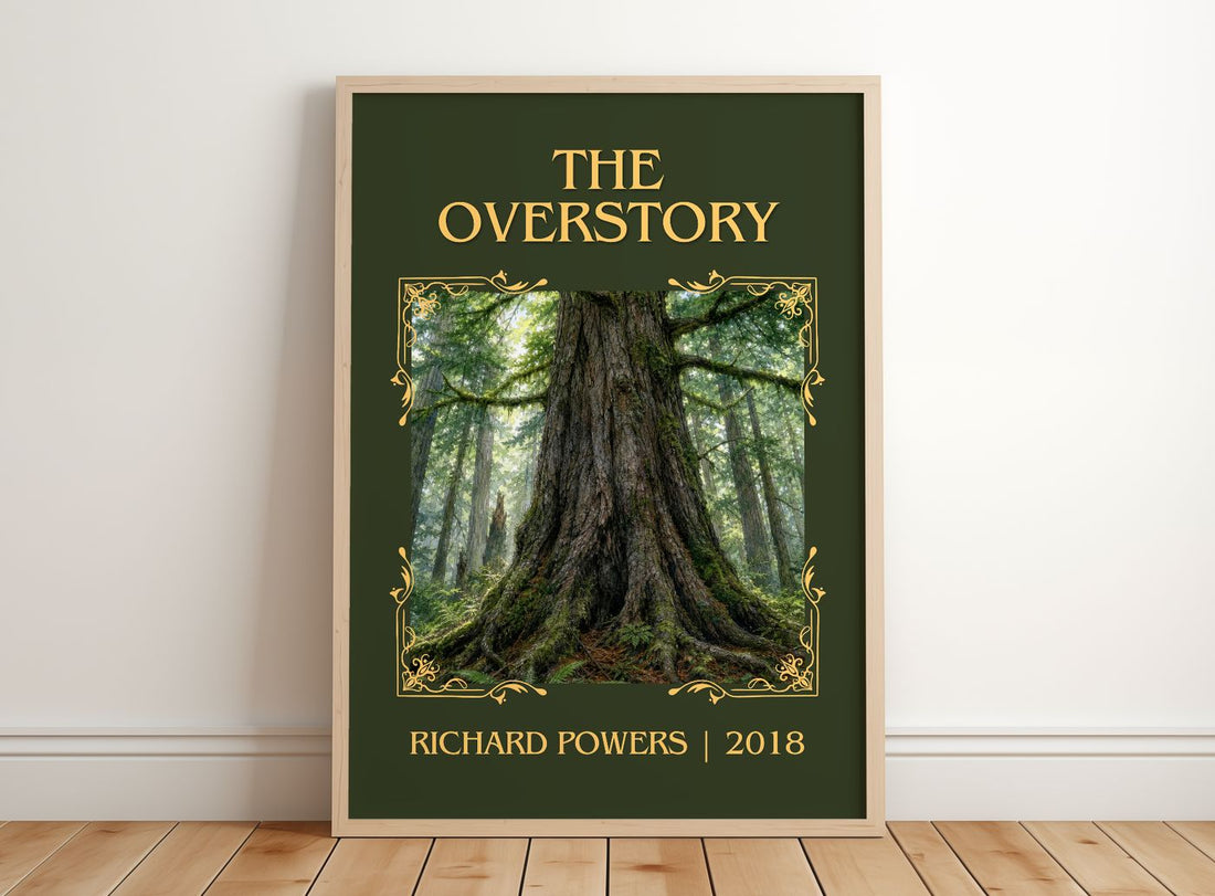 The Overstory Classic Book Art Print by Richard Powers – framed print leaning on a wooden floor