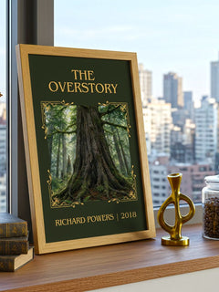 The Overstory Classic Book Art Print by Richard Powers – framed print on a city-view windowsill