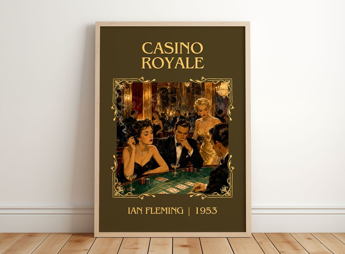 Casino Royale Classic Book Art Print by Ian Fleming – framed print leaning on a wooden floor