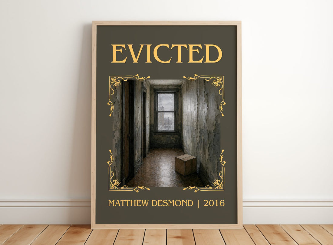 Evicted Classic Book Art Print by Matthew Desmond – framed print leaning on a wooden floor
