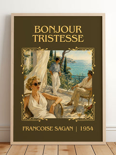 Bonjour Tristesse Classic Book Art Print by Francoise Sagan – framed print leaning on a wooden floor