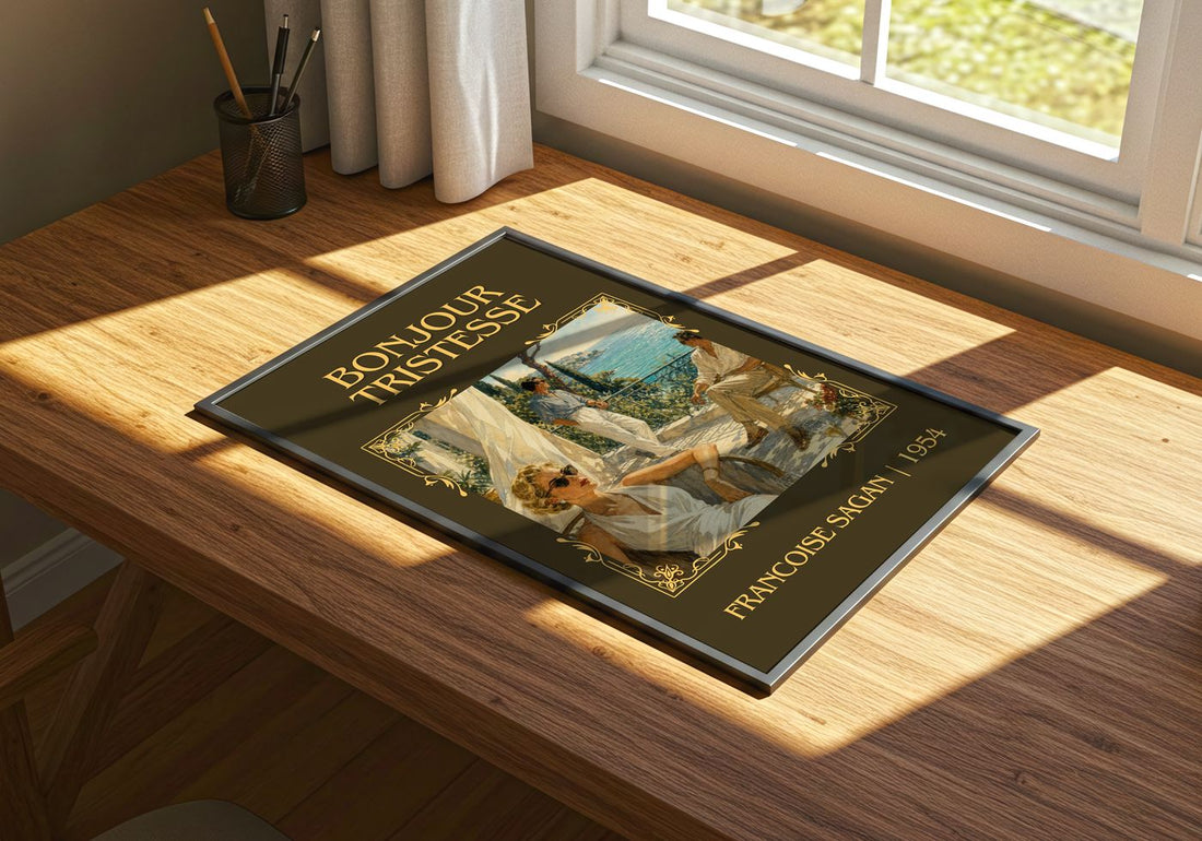 Bonjour Tristesse Classic Book Art Print by Francoise Sagan – print on a sunlit desk