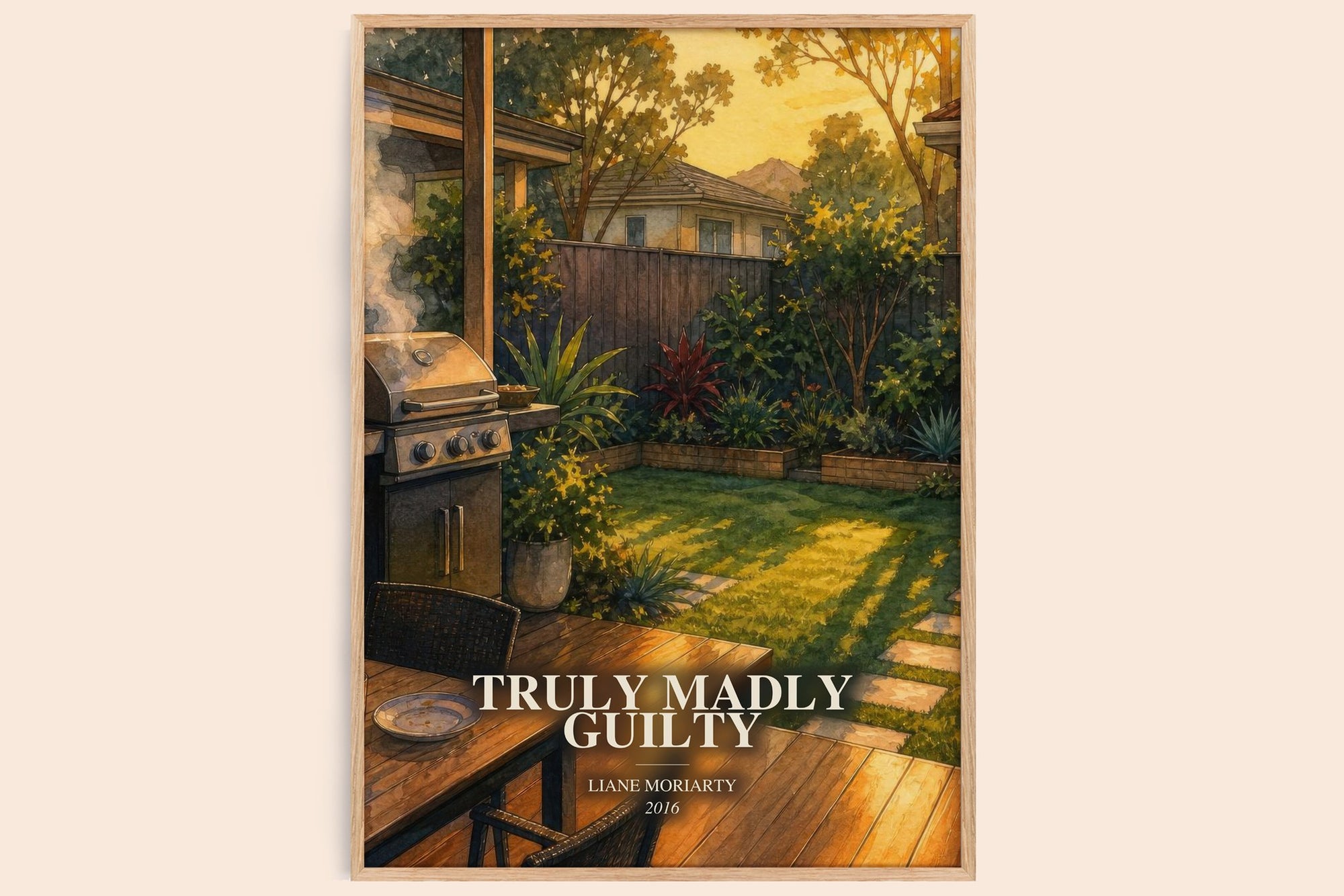 Truly Madly Guilty watercolour book poster by Liane Moriarty – framed literary art print