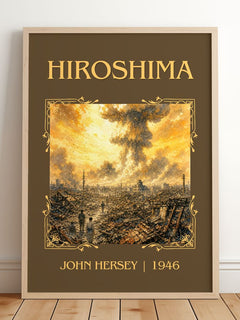 Hiroshima Classic Book Art Print by John Hersey – framed print leaning on a wooden floor